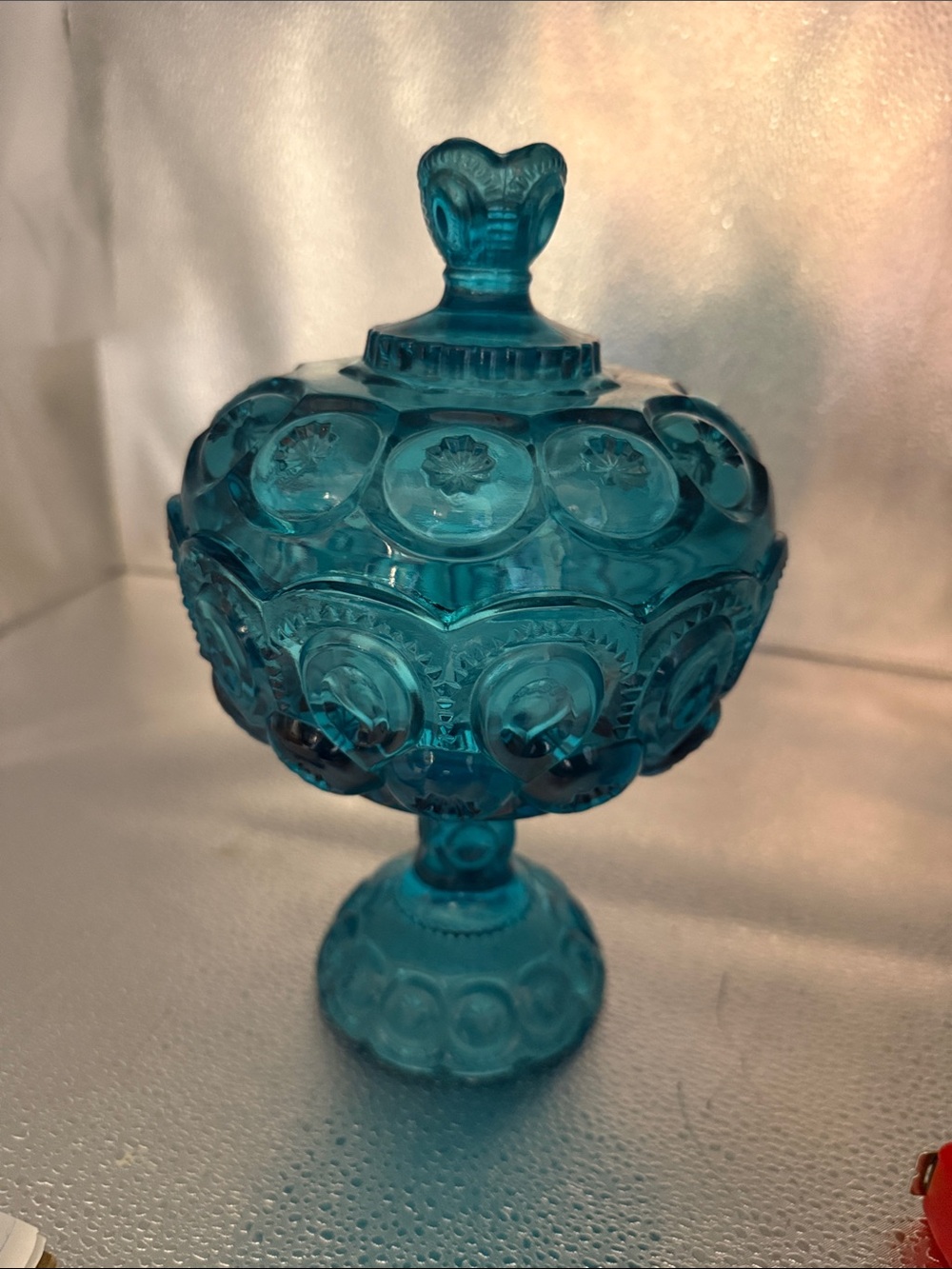 Vintage moon &star pattern circular depression and embossed stemmed pedestal